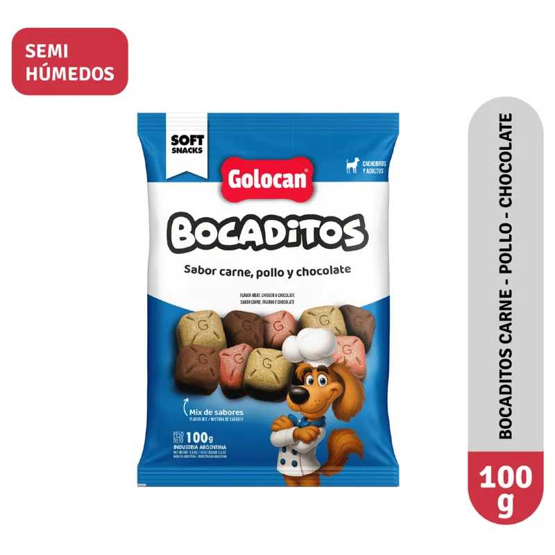 Golocan Bocaditos Carne, Pollo y Chocolate, golosinas y snacks, en el petshop Mecohue de Wilde