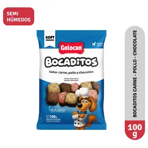 Golocan Bocaditos Carne, Pollo y Chocolate, golosinas y snacks, en el petshop Mecohue de Wilde