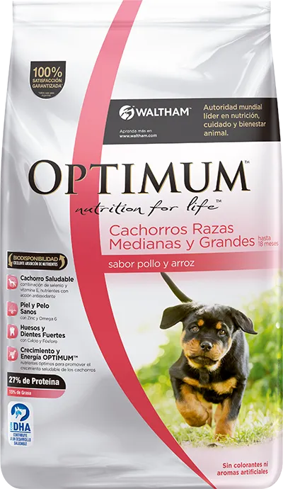 Optimum Perro Cachorro Razas Medianas y Grandes, alimento balanceado, en el petshop Mecohue de Wilde