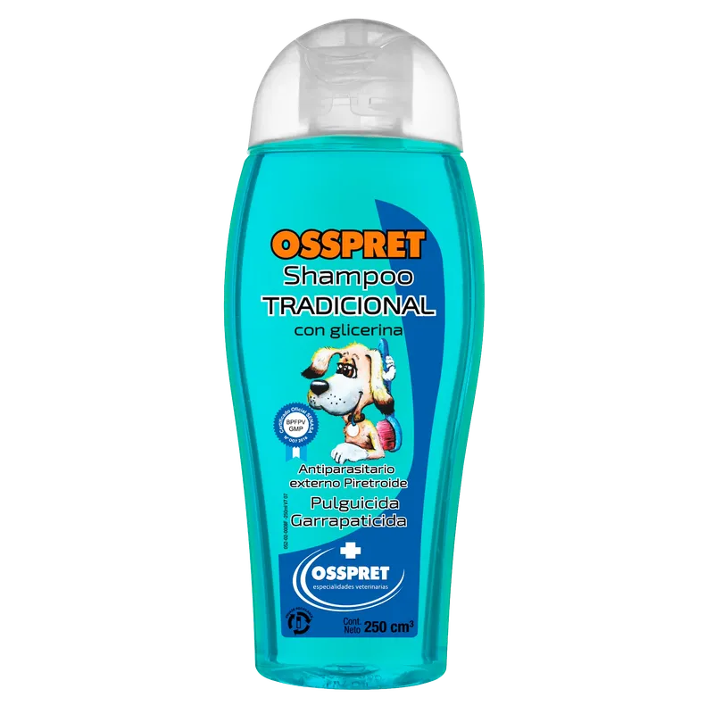 Osspret Shampoo pulguicida garrapaticida, antiparasitarios externos, en el petshop Mecohue de Wilde