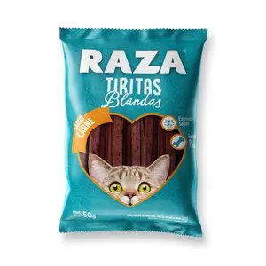 Raza Tiritas blandas para gatos sabor carne, golosinas y snacks, en el petshop Mecohue de Wilde